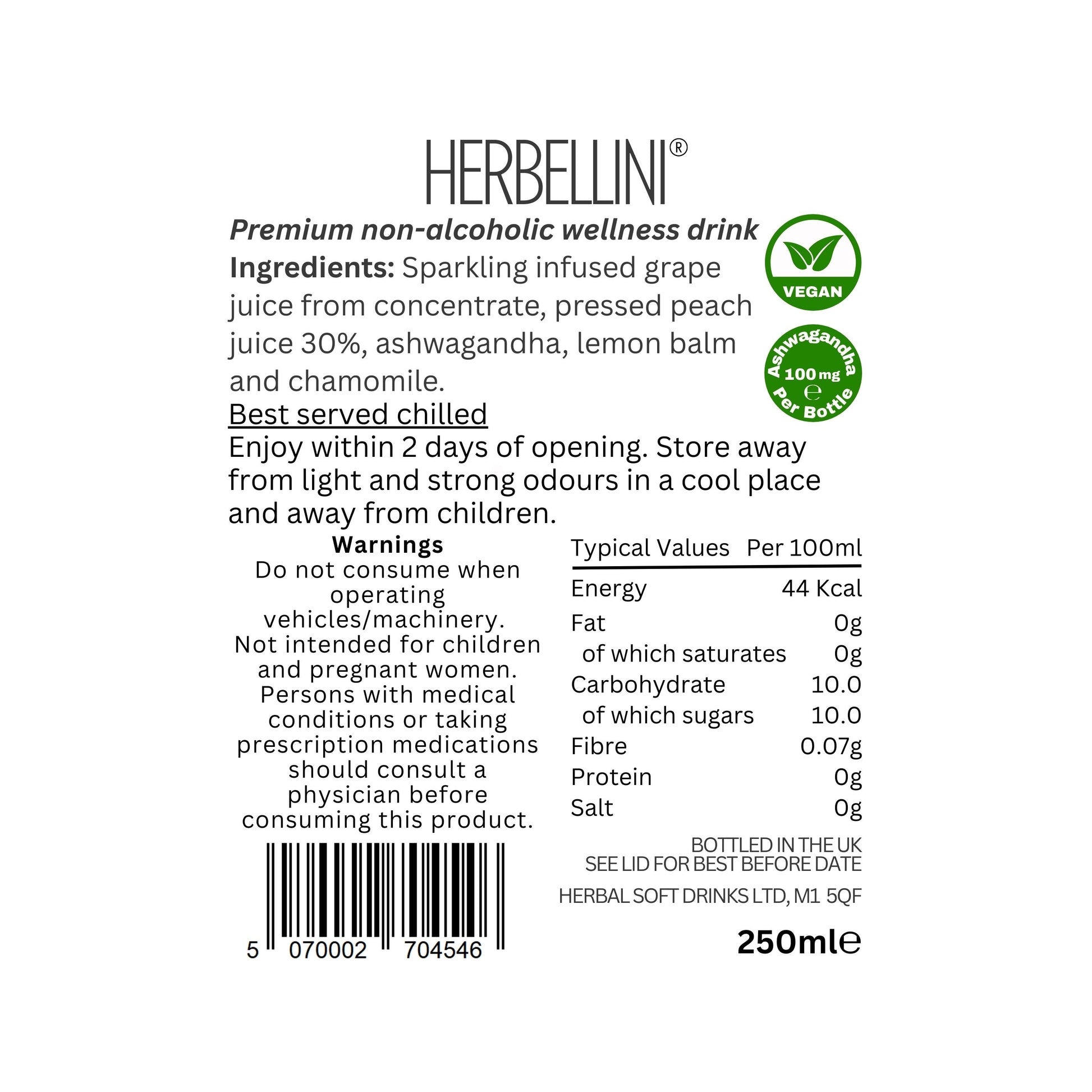 Herbellini premium non-alcoholic wellness drink label with ingredients, nutritional information, and branding details.
